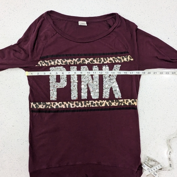 PINK Victoria's Secret Woman Burgundy Long Sleeve Tee T-Shirt Silver Sequins S - Picture 4 of 9